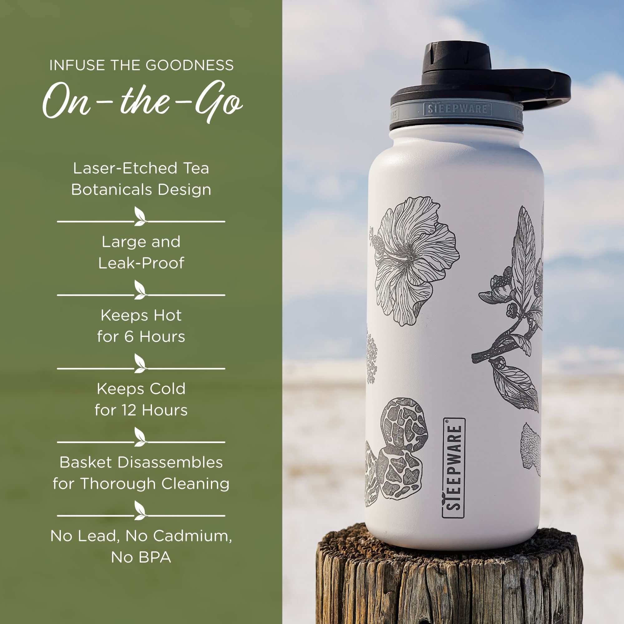 The Tea Spot Himalayan Tea Tumbler - Travel Bottle with Tea Infuser for Loose Leaf Tea or Iced Coffee - 32oz, White-Etched - Double-Walled Insulated Bottle - Keeps Drinks Hot & Cold for Hours