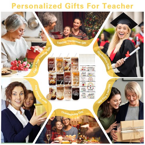 Frerdui 36 Pcs Teacher Appreciation Gift Bulk - Best Teacher Gifts, Thank You Gifts, Back to School Set, 16oz Coffee Beer Can Glass with Lids Straws Brushes Graduation Gift Christmas Birthday
