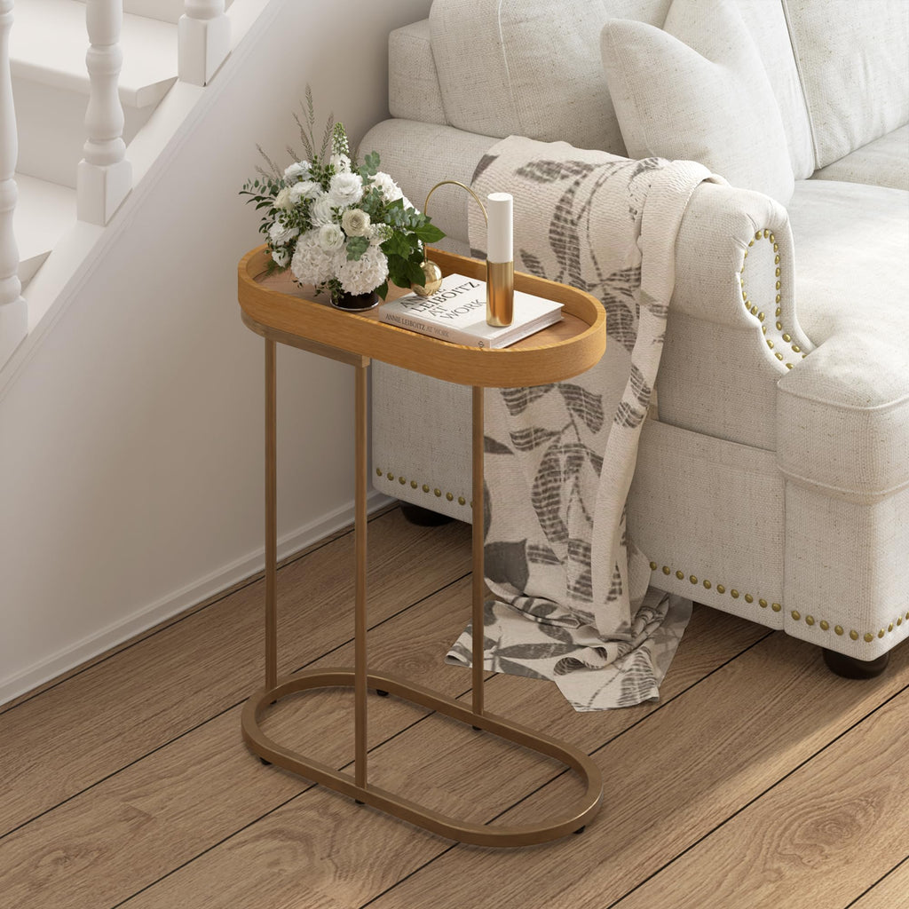 Small End Table with Removable Tray, C Shaped Narrow Side Table for Living Room, Modern TV Tray Wood Top Metal Stand, 11" W