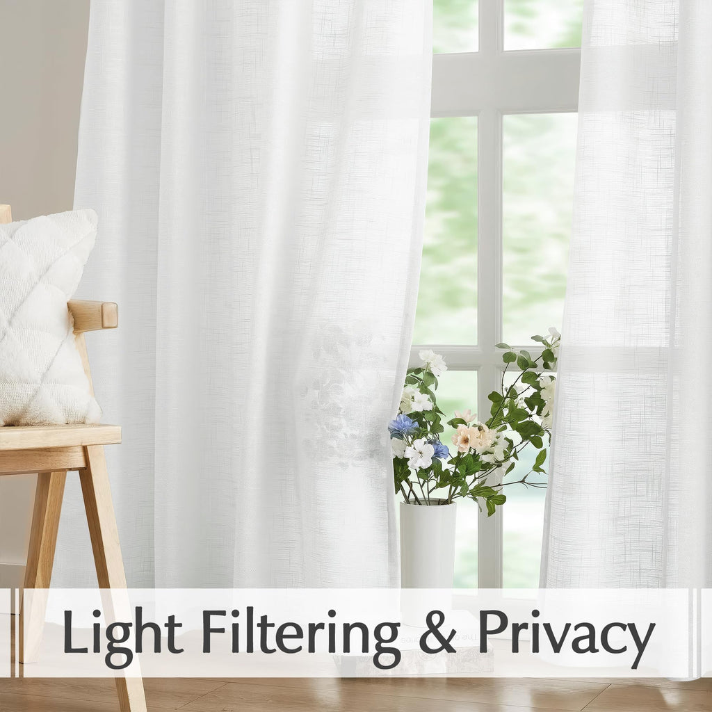FMFUNCTEX Linen Sheer White Curtains Sliding Door Curtain 108inches Long Patio Glass Door Curtain Panel 100" Width Rich Cross Weave Textured Semi-Sheer Living Room Divider Bedroom Window Draperies 1pc