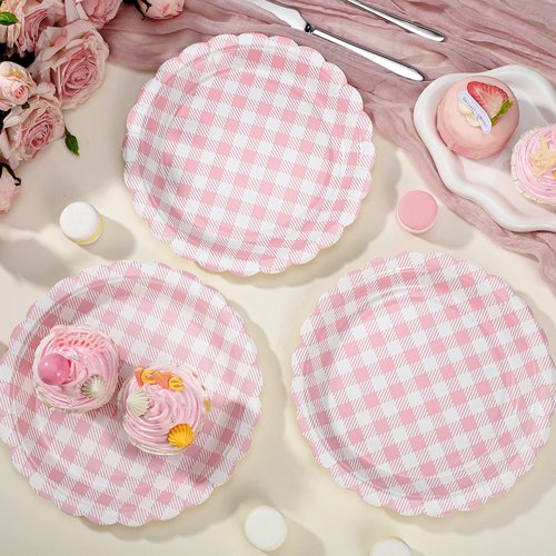 NatNarr 30 Pcs Pink Gingham Plates, 9 Inch Valentines Plates Scalloped Plaid Dessert Dinner Party Plates Pink and White Gingham Party Supplies for Girls Baby Shower, Wedding, Birthday