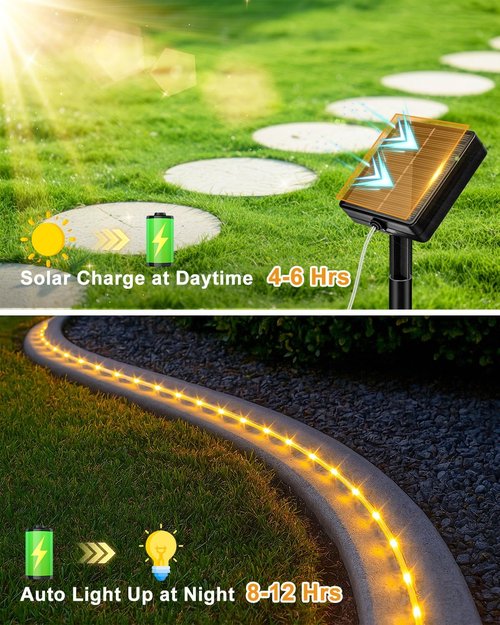 Btfarm Solar Rope Lights - 120 LED Waterproof 46FT Outdoor String Lights | 8 Lighting Modes for Garden, Party, Wedding Decor - Warm White