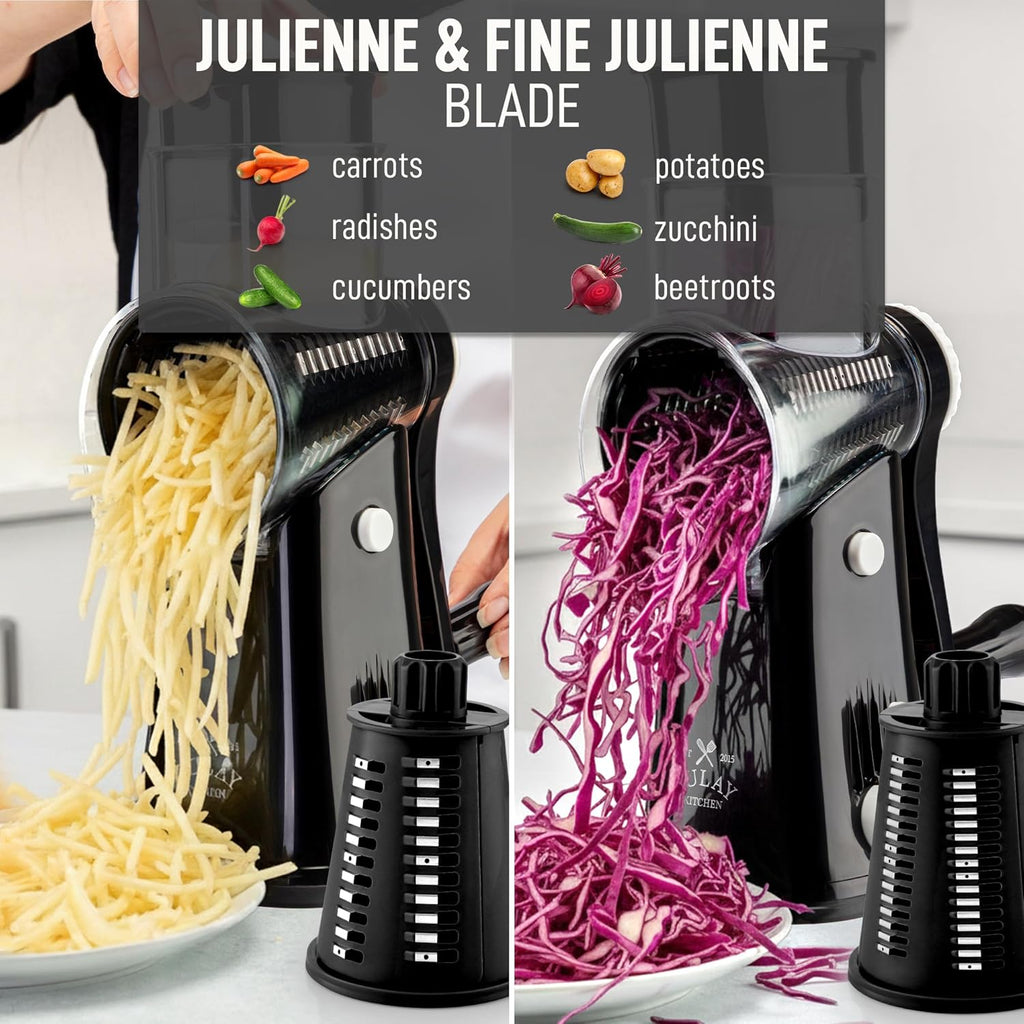 Zulay Kitchen Rotary Cheese Grater - 5 Blade Manual Cheese Shredder with Suction Base & Interchangeable Drums