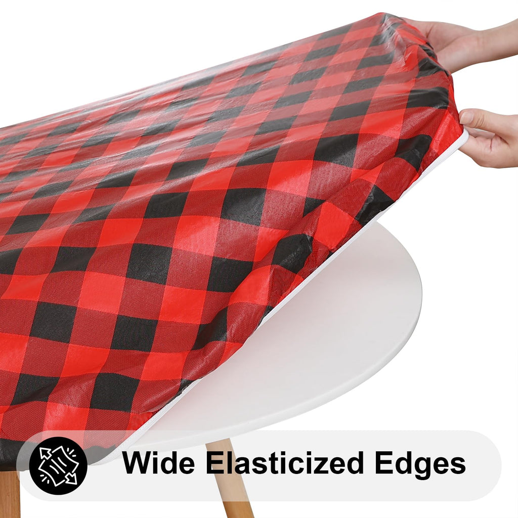 Smiry Round Picnic Tablecloth, Elastic Waterproof Fitted Vinyl Tablecloths for 57"-68" Tables, Flannel Backed Buffalo Plaid Table Cover for Dining, Camping, Outdoor, Black and Red