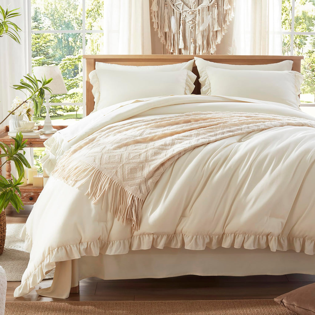Anluoer King Comforter Set 7 Piece, Cream Bed in a Bag with Sheets, All Season Ruffle Shabby Chic Bedding Sets with 1 Comforter, 2 Pillow Shams, 2 Pillowcases, 1 Flat Sheet, 1 Fitted Sheet