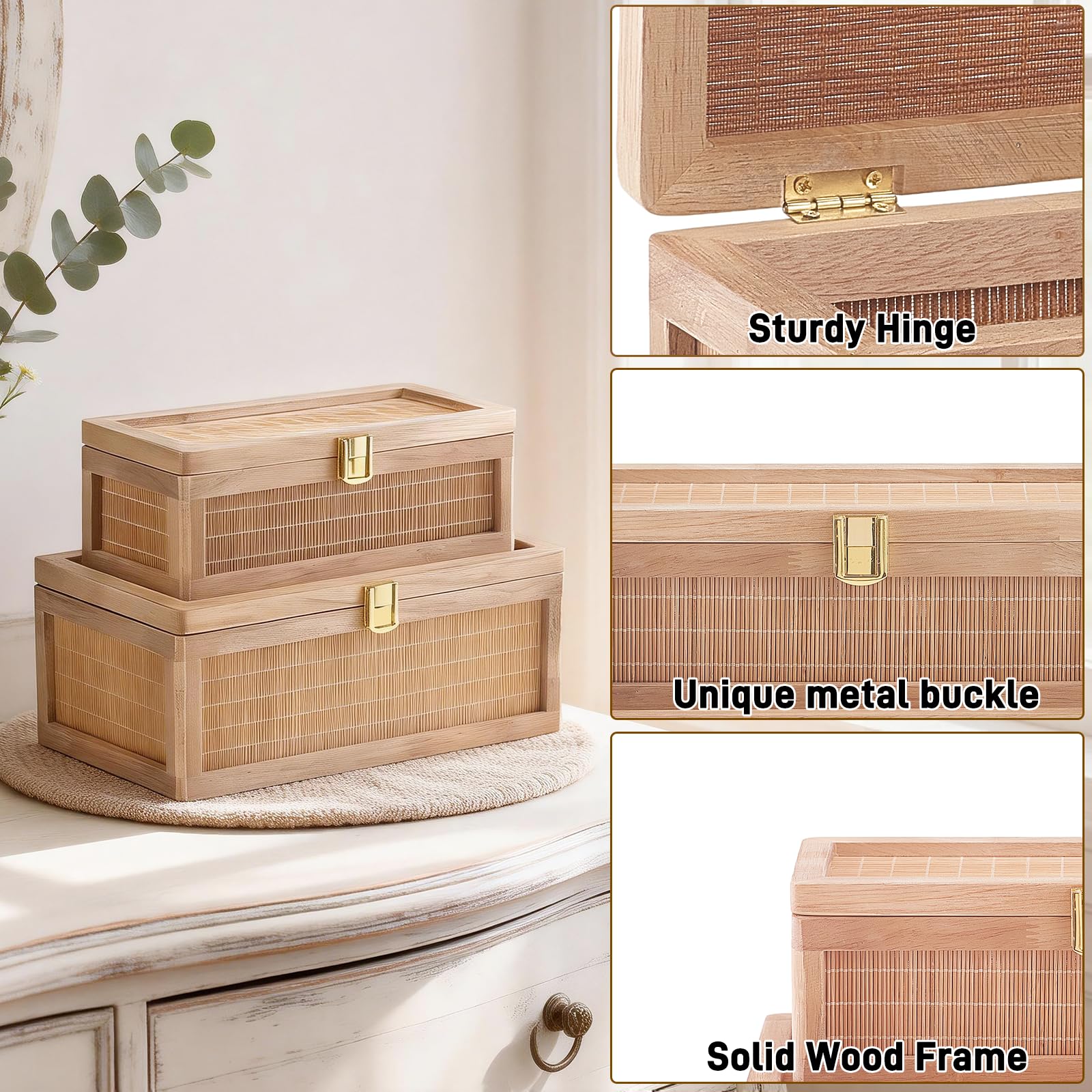 HuiDao Rattan Decorative Box, Boho Display Boxes with Lids, Set of 2 Rectangular Wicker Storage Basket, Natural Woven Cane Bins for Home Decor (Round)