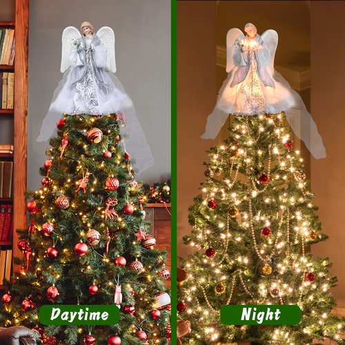 Yinns Angel Tree Topper with Lights, Christmas Tree Toppers Decorations, Angel Tree Toper for Christmas Ornament or Indoor Home Table Top Decor,12-Inch Lighted Angel Tree Toppe Bule