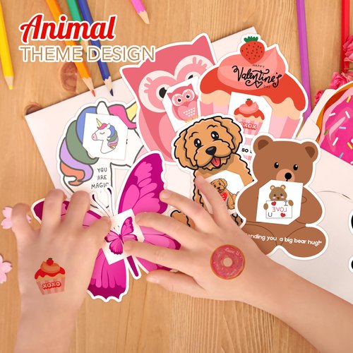 4E's Novelty 48 Pack Valentines Day Cards with Temporary Tattoos - 8 Designs, Bulk Valentine Cards for Kids Classroom Exchange Gifts for Kids School, Valentines Party Favors for Girls Boys