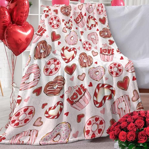 Zzkol Valentines Day Dessert Flannel Throw Blanket, Pink Love Heart Cupcake Donut Anniversary Wedding Birthday Gifts for Women Girlfriend Wife Lover, Romantic Soft Blankets for Bedding Sofa 50" x 60"