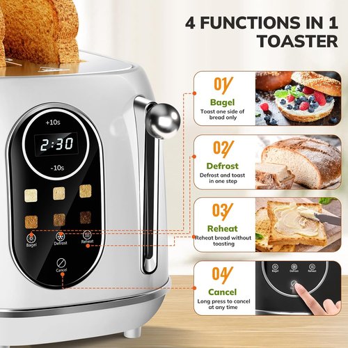 Keenstone 2-Slice Smart Touch Screen Toaster - Retro Stainless Steel with 6 Browning Levels | White