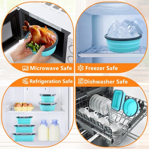 16 Pack Collapsible Food Storage Containers with Lid & Air Vent, 8 Rectangular and 8 Round Foldable Collapsible Silicone Lunch Containers Sets Bowls for Camping, Travel Trailer Must