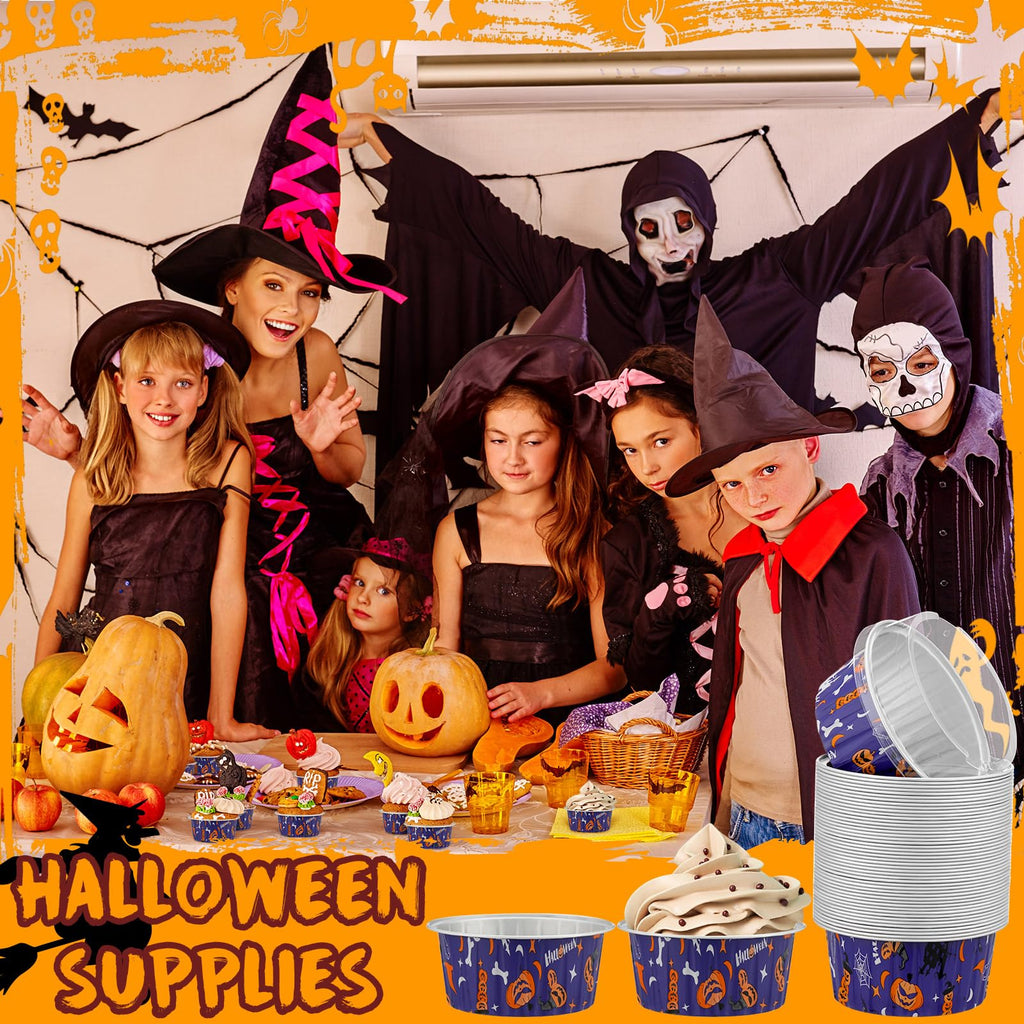 Teenyyou 100 Pcs Halloween Mini Aluminum Foil Cupcake Baking Cups with Lids 5 oz Baking Liner Cups Cupcake Containers Pans or Halloween Party Wedding Birthday Party (Round)