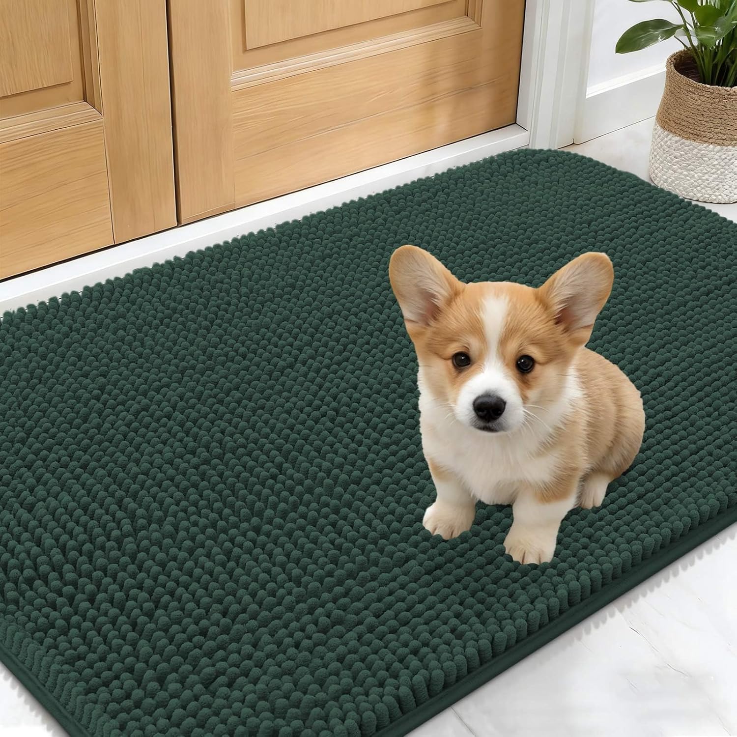 OLANLY Dog Door Mat - Absorbent Non-Slip Mud Mat for Indoor Use | 30x17 Inches, Blackish Green
