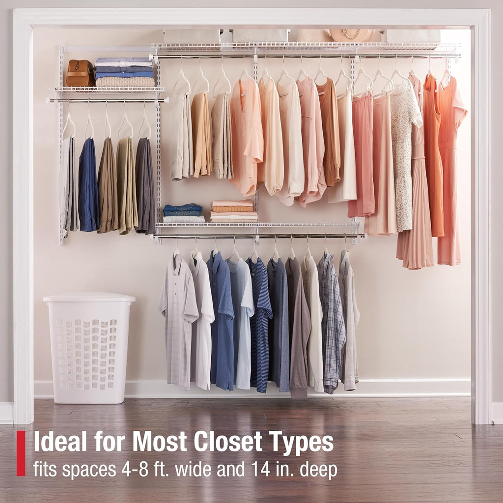 Rubbermaid Configurations Custom Closet Kit - Adjustable 4-8 Ft. Metal Wire Shelving | White Finish, Complete Organization System