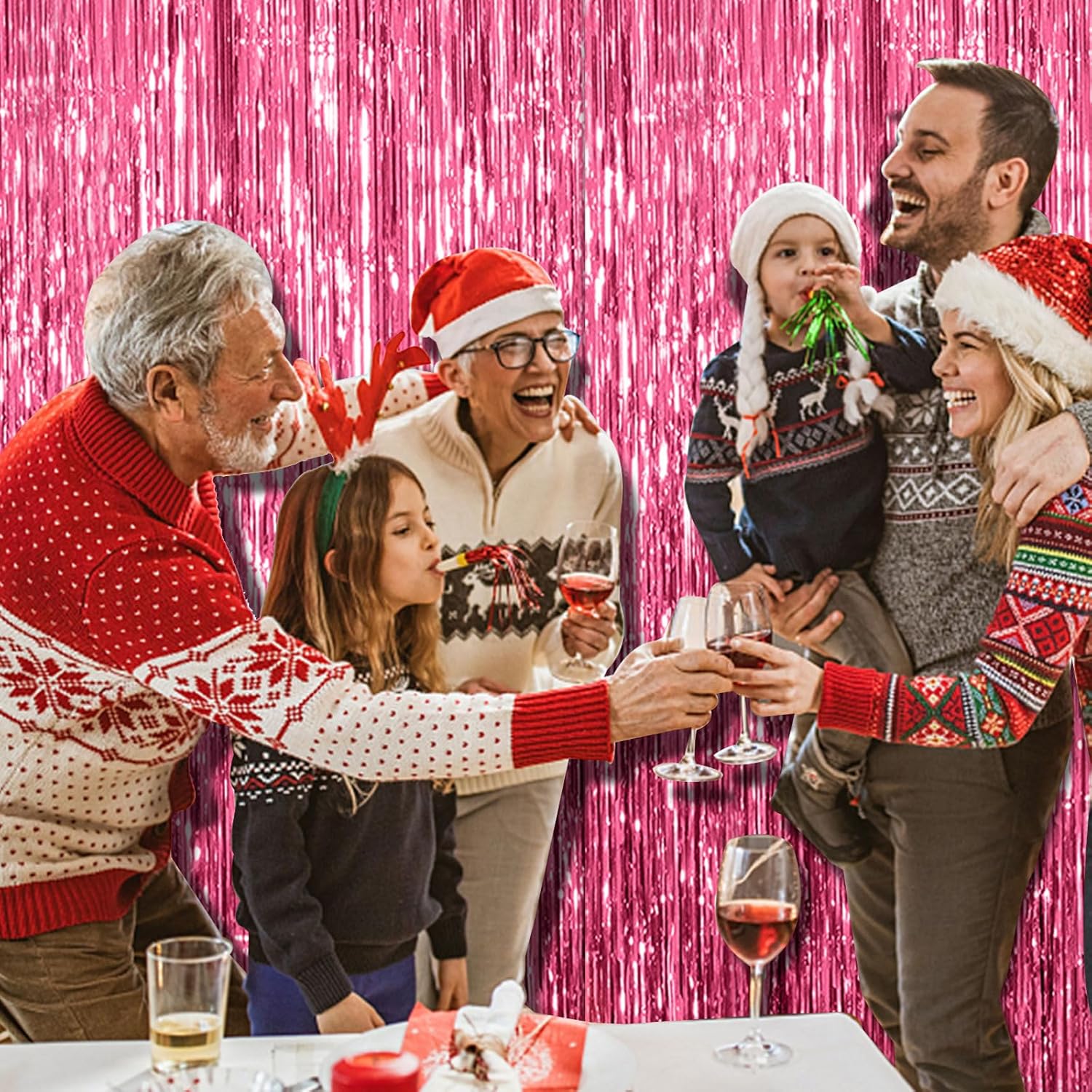 Skiennix Pink Tinsel Curtain Backdrop - 2 Pack Foil Fringe Decorations for Parties & Photo Booths