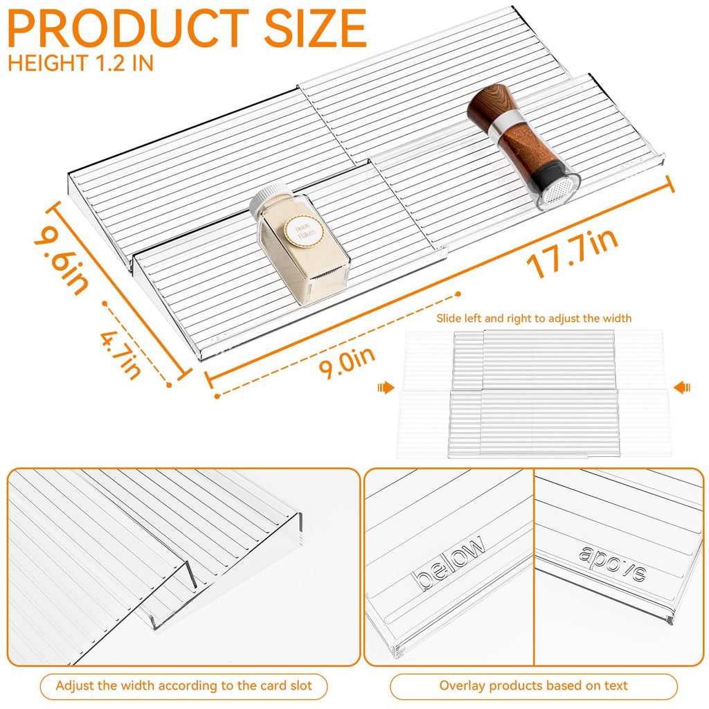 Yieach 4 Pack Adjustable Narrow Spice Rack for Drawer - Expandable From 9" to 17.7" - Acrylic Drawer Seasoning Organizer,Tiered Clear Spice Tray for Spices,Condiment,Nail Polish and Jar Organization