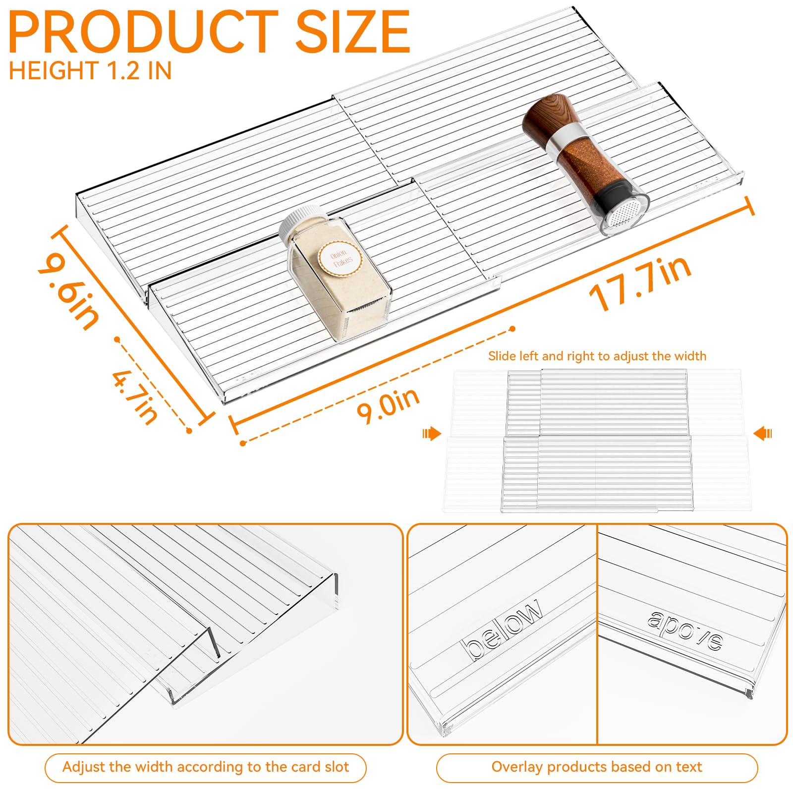 Yieach 4 Pack Adjustable Narrow Spice Rack for Drawer - Expandable From 9" to 17.7" - Acrylic Drawer Seasoning Organizer,Tiered Clear Spice Tray for Spices,Condiment,Nail Polish and Jar Organization