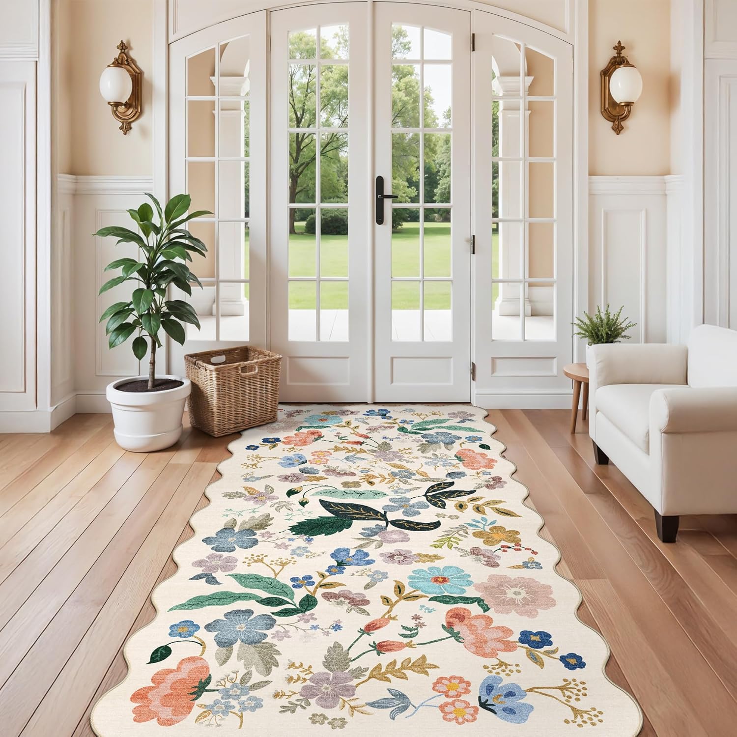 Skiennix Washable 4x8 Wide Runner Rug - Non-Slip Scalloped Floral Design | Soft, Stain-Resistant Carpet for Hallway, Kitchen, and Bathroom (Cream)