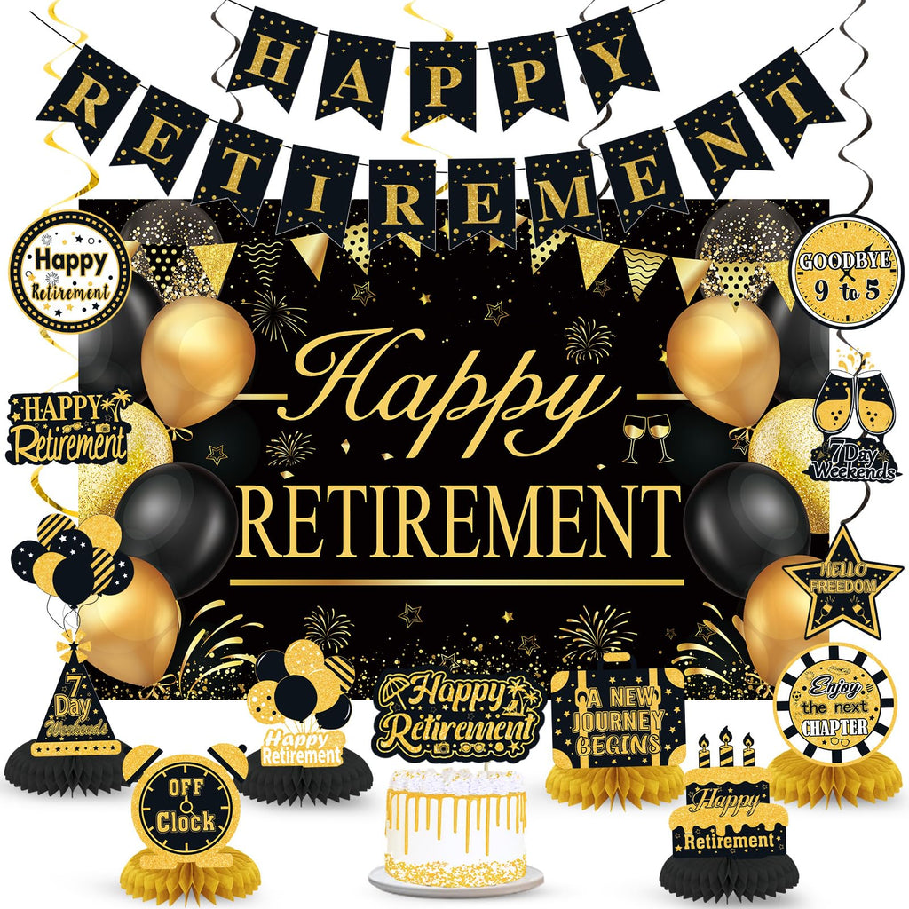 Retirement Party Decorations for Men Women Black Gold Happy Retirement Banner Backdrop Honeycomb Centerpiece Cake Topper Hanging Swirl Set