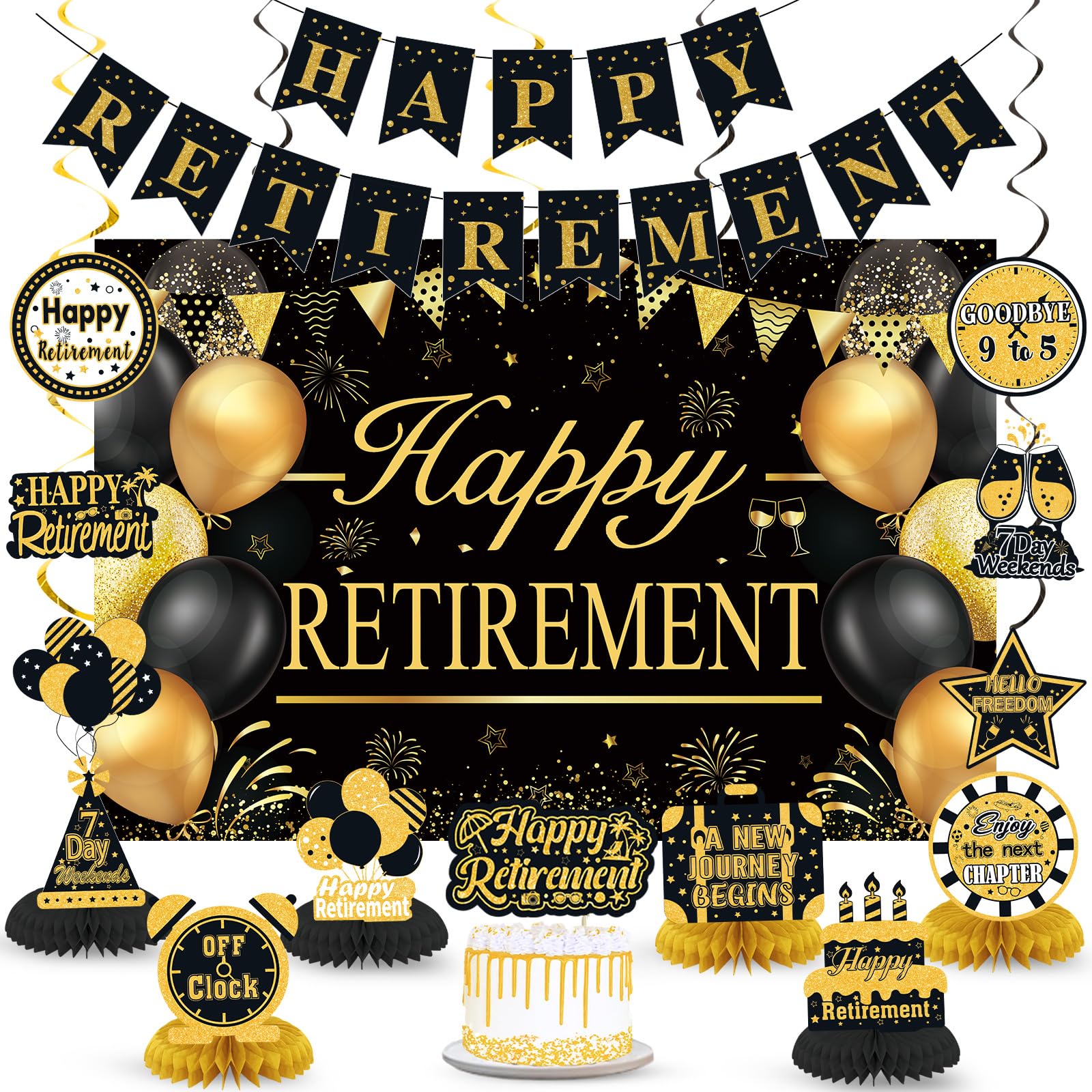 Retirement Party Decorations for Men Women Black Gold Happy Retirement Banner Backdrop Honeycomb Centerpiece Cake Topper Hanging Swirl Set