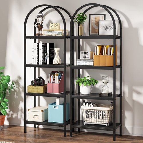 LITTLE TREE 4-Tier Arched Bookshelf, Tall Open Bookcase Storage Shelves, Wood Metal Freestanding Display Rack Tall Shelving Unit for Home Office, Bedroom, Living Room, Industrial Black