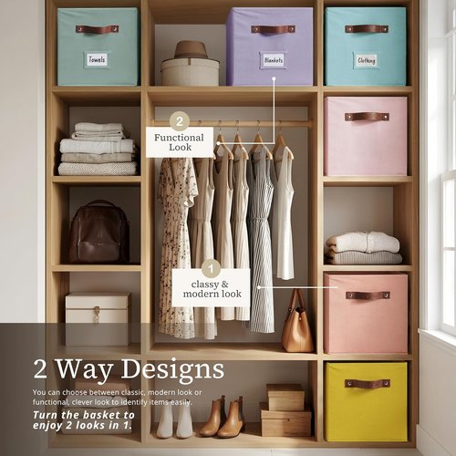 DECOMOMO Storage Baskets - 13x15x13 Cube Bins with Labels for Organized Shelves | 4-Piece Rainbow Set