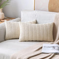 MIULEE Corduroy Lumbar Throw Pillow Covers - Soft Boho Striped Design | 20x12 Inch Cream White for Modern Home Decor