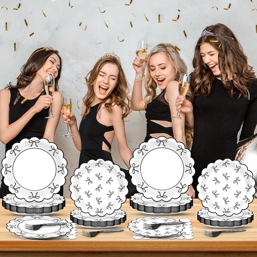 **Regine Switzerland 96-Piece Bow Party Decorations | Elegant Black & White Tableware for 24 Guests**