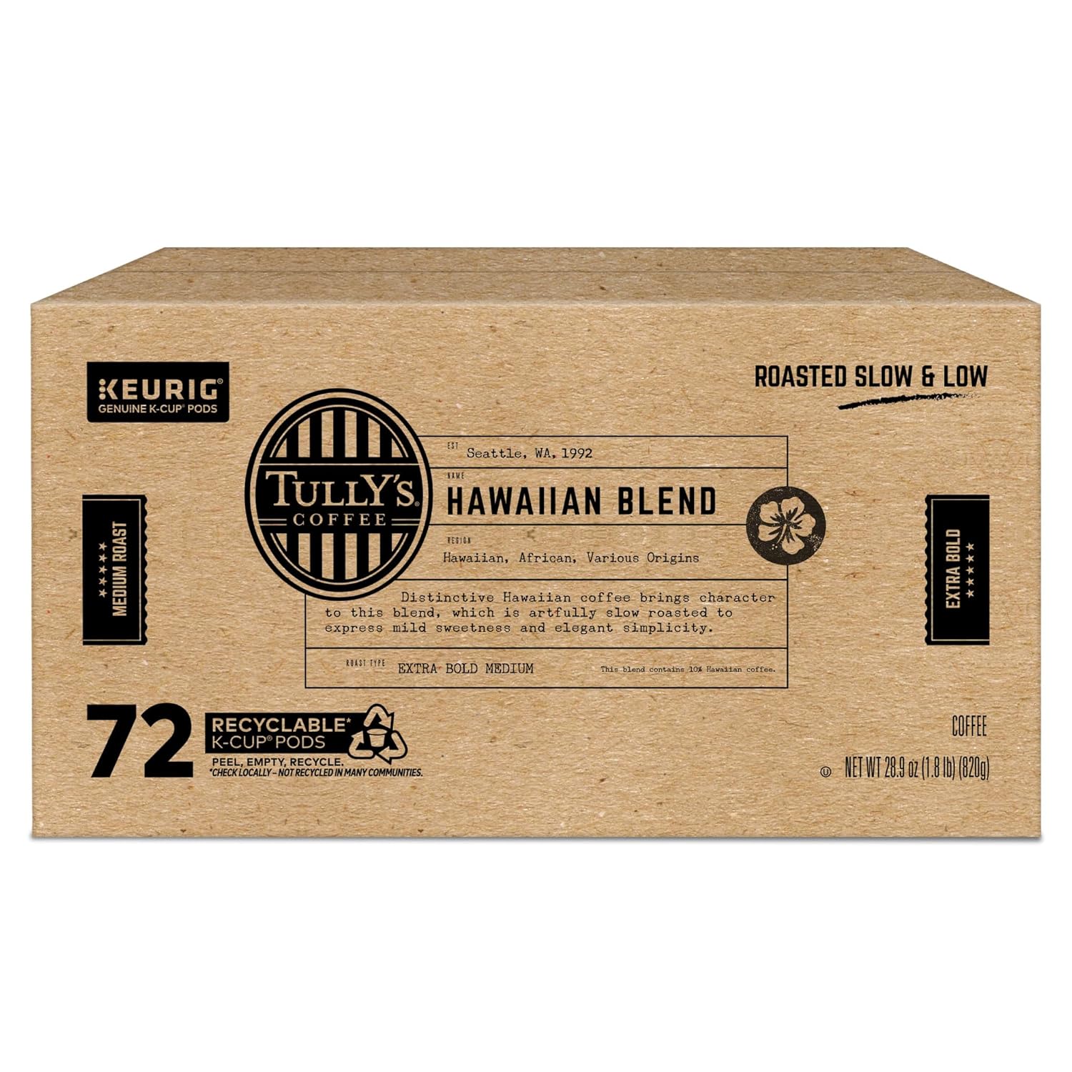 Tully's Coffee Hawaiian Blend K-Cup Pods - Medium Roast, 72 Count | Perfect for Keurig Brewers