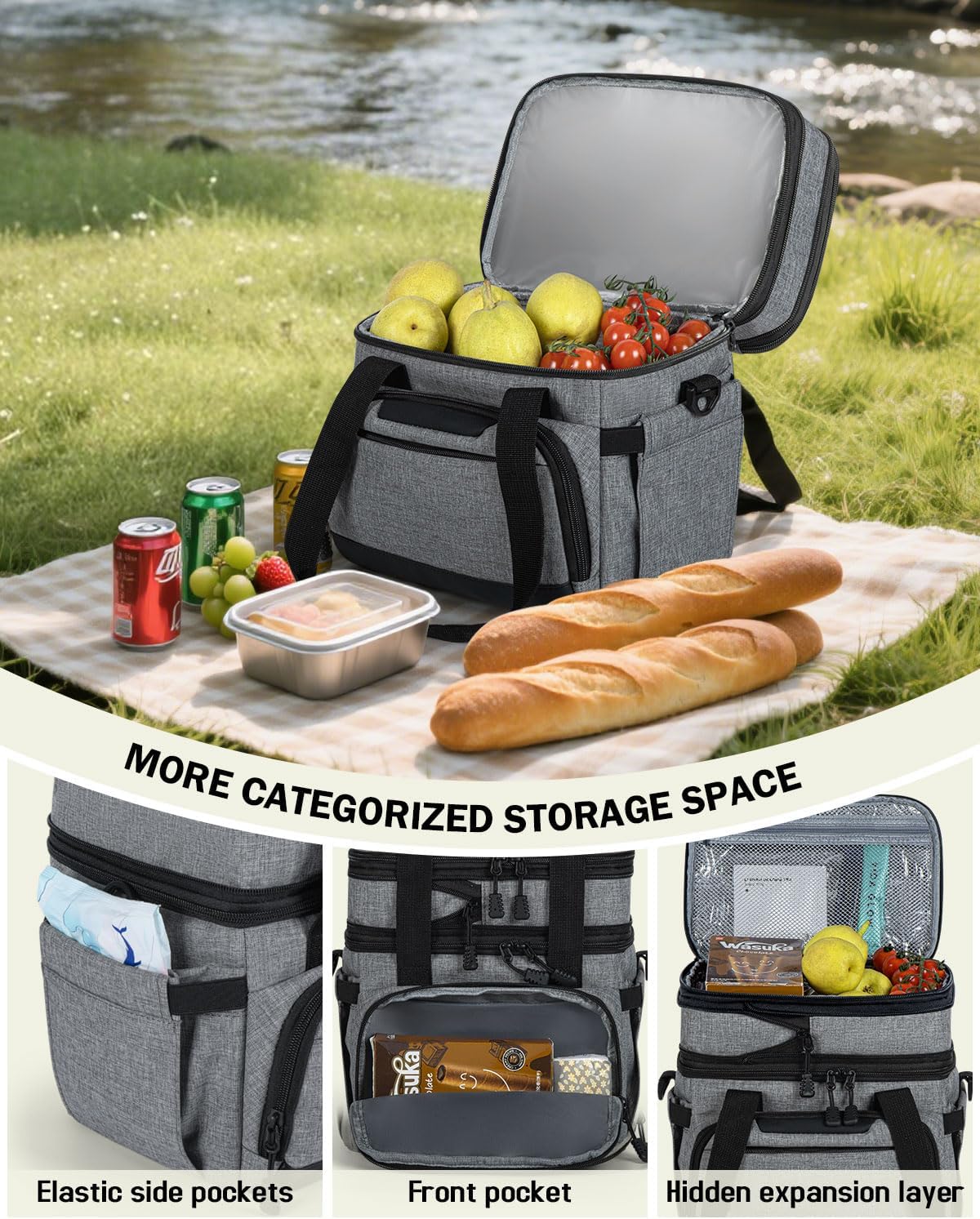 Skiennix Large Insulated Lunch Box - Dual-Compartment Cooler Bag for Work & Picnic | Grey 24-Can (14L)