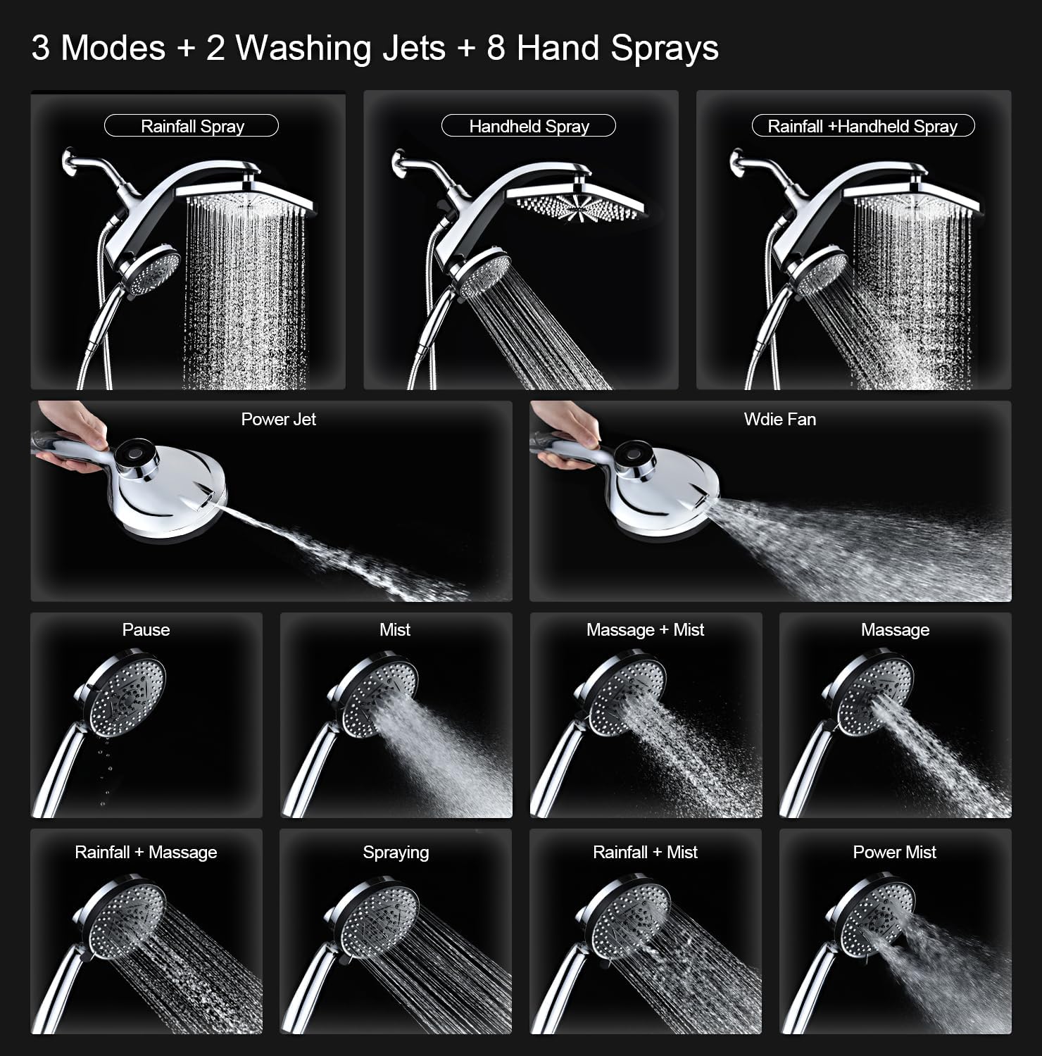 Skiennix High Pressure Rain Shower Head - Handheld Spray Combo with 10 Settings & Magnetic Docking