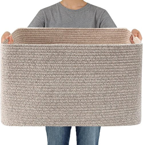 JMvicyroam Woven Blanket Basket - 65L Large Storage Bin for Toys & Clothes | Decorative Rope Design in Oatmeal