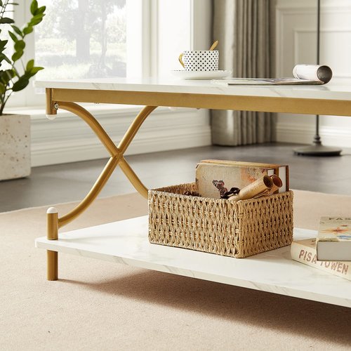 VECELO Coffee Table for Living Room with Round Corners Modern Farmhouse Center Table with Storage Shelf for Home Office 39 Inch, Easy Assembly, Light Gold