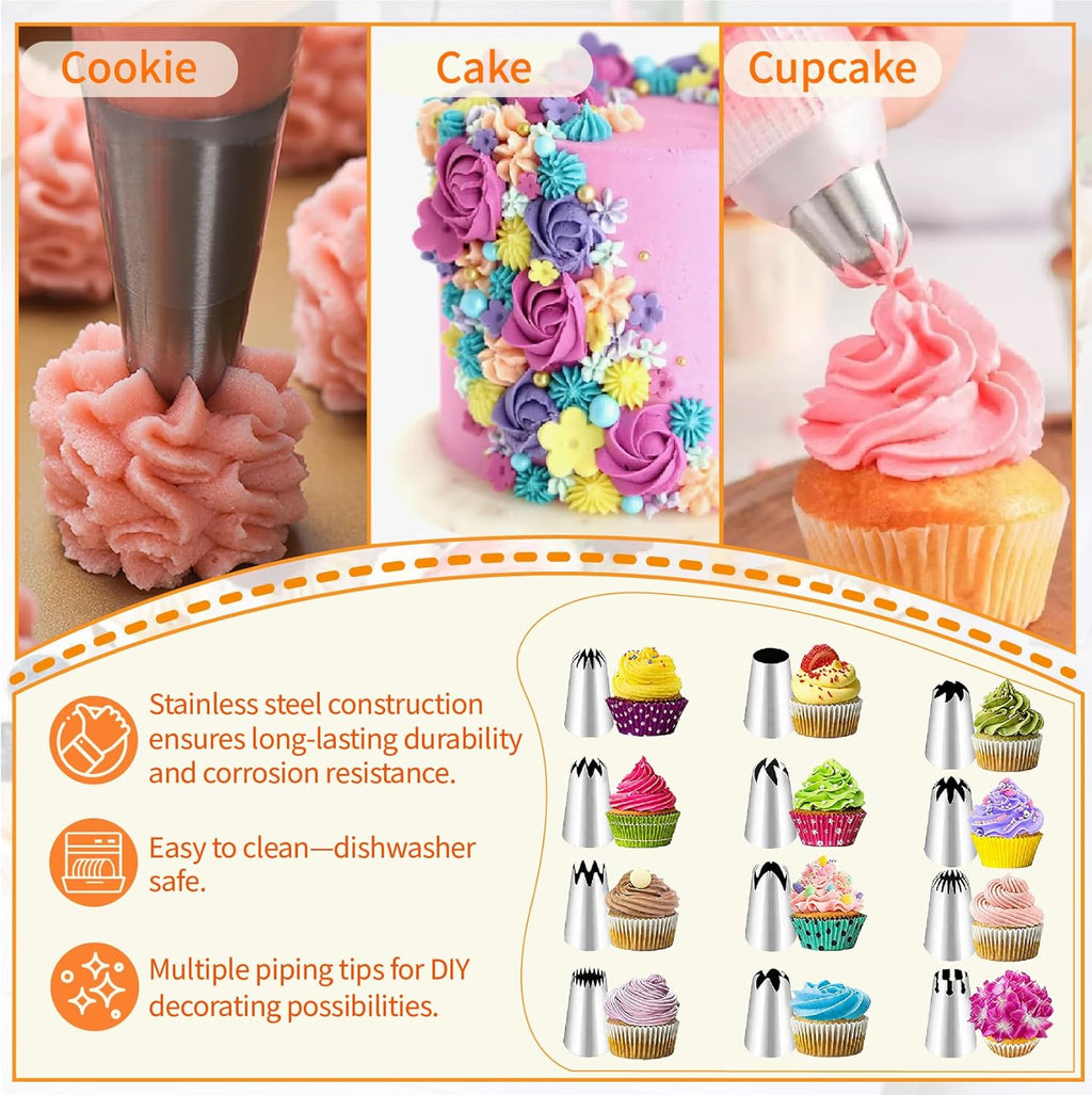 Skiennix Large Piping Tips Set - 14-Piece Reusable Stainless Steel Icing Nozzles for Cake Decorating