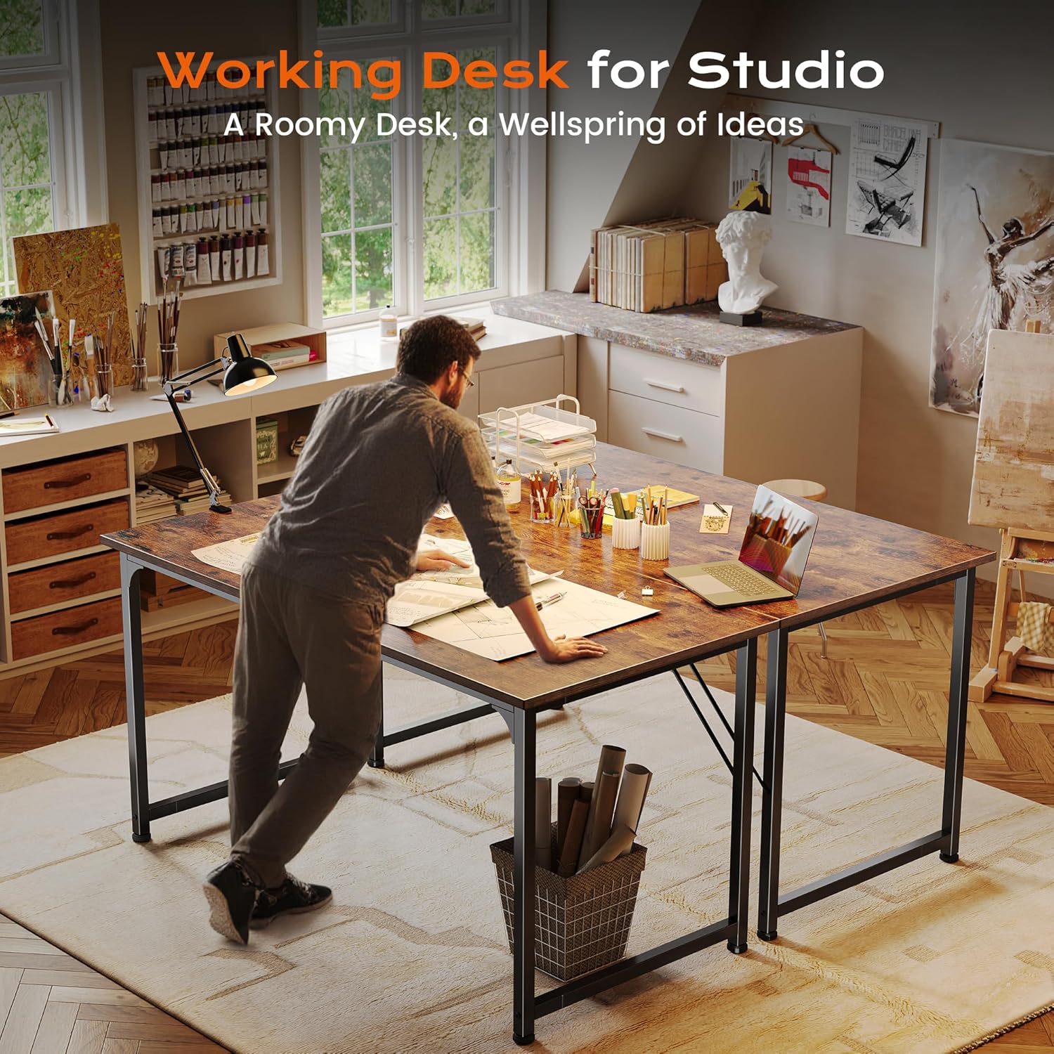 PRAISUN Computer Desk - 47" X 24" Rustic Brown Gaming & Office Writing Desk with Metal Frame