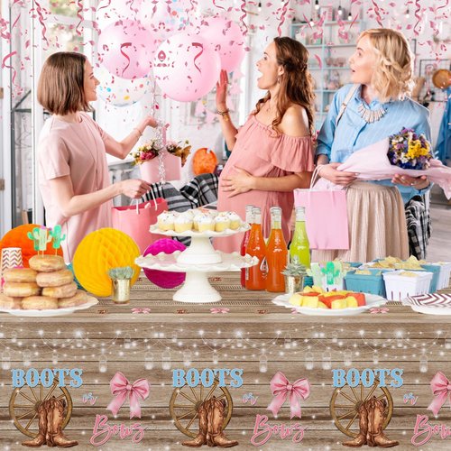 MEHOFOND 3 Pack Boots or Bows Gender Reveal Tablecloth, Pink or Blue Disposable Plastic Table Cover 54x108 Inch, Western Rustic Wood Cowgirl Cowboy Gender Reveal Party Supplies