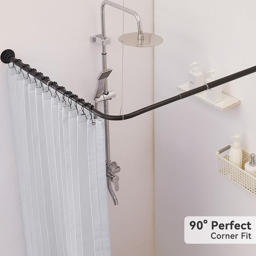 Mirooyu L Shaped Shower Curtain Rod, [24"-47.6"] x [24"-47.6"] Dual-Slide Corner 90 Degree Shower Rod for Bathroom, Bathtub & Outdoor with 12 Hooks & Ceiling Support - Matte Black
