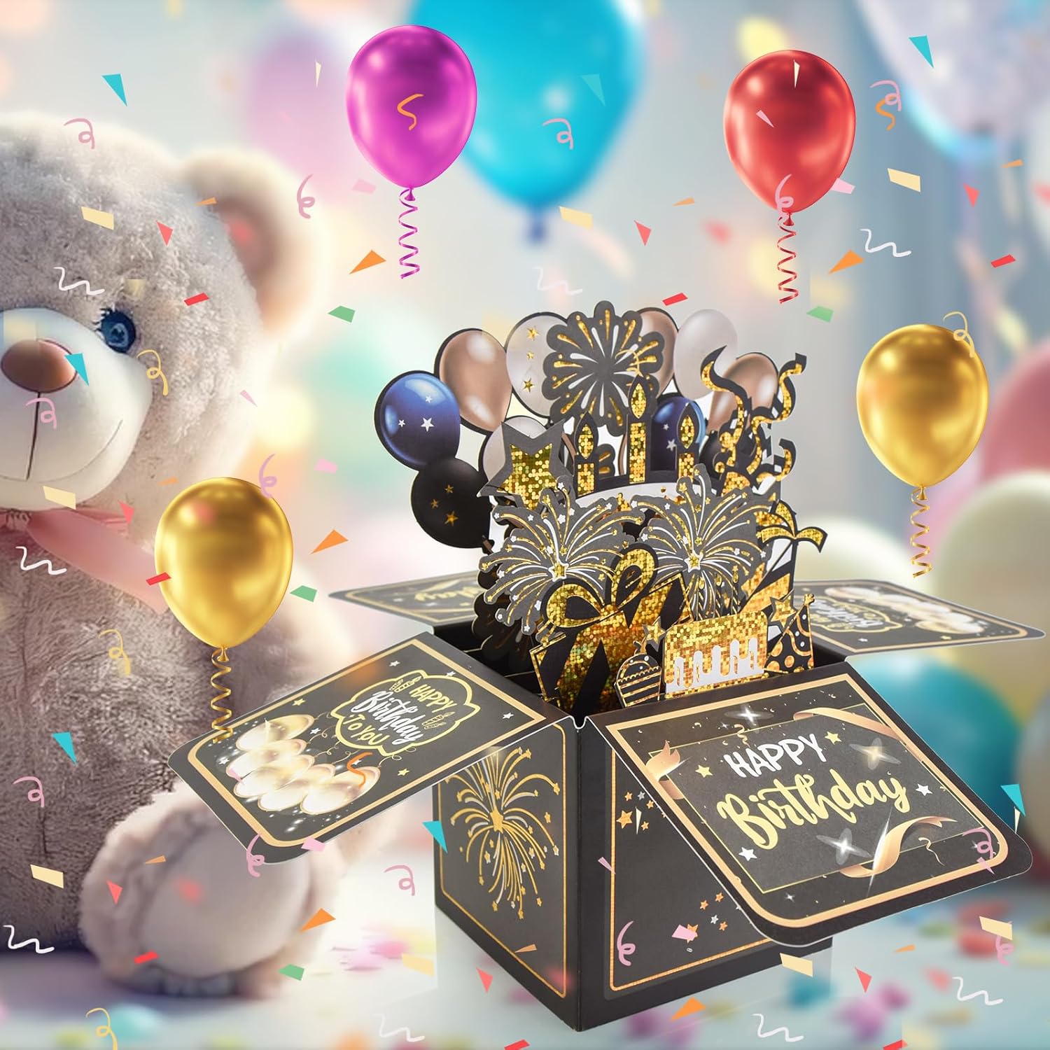 Surprise Pop Up Birthday Cards - Unique 3D Handmade Greeting Card for Adults & Kids | Black Design
