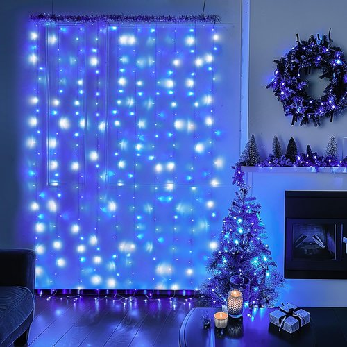 JMEXSUSS 300LED Christmas Curtain Lights - Remote Control Blue & White Fairy Lights | 9.8x9.8ft Indoor/Outdoor Decor