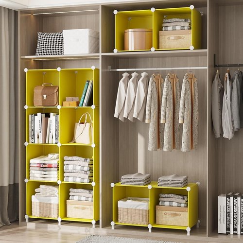 AWTATOS Cube Storage Organizer - 6 DIY Stackable Closet Organizers for Bedroom | Yellow Plastic Shelving