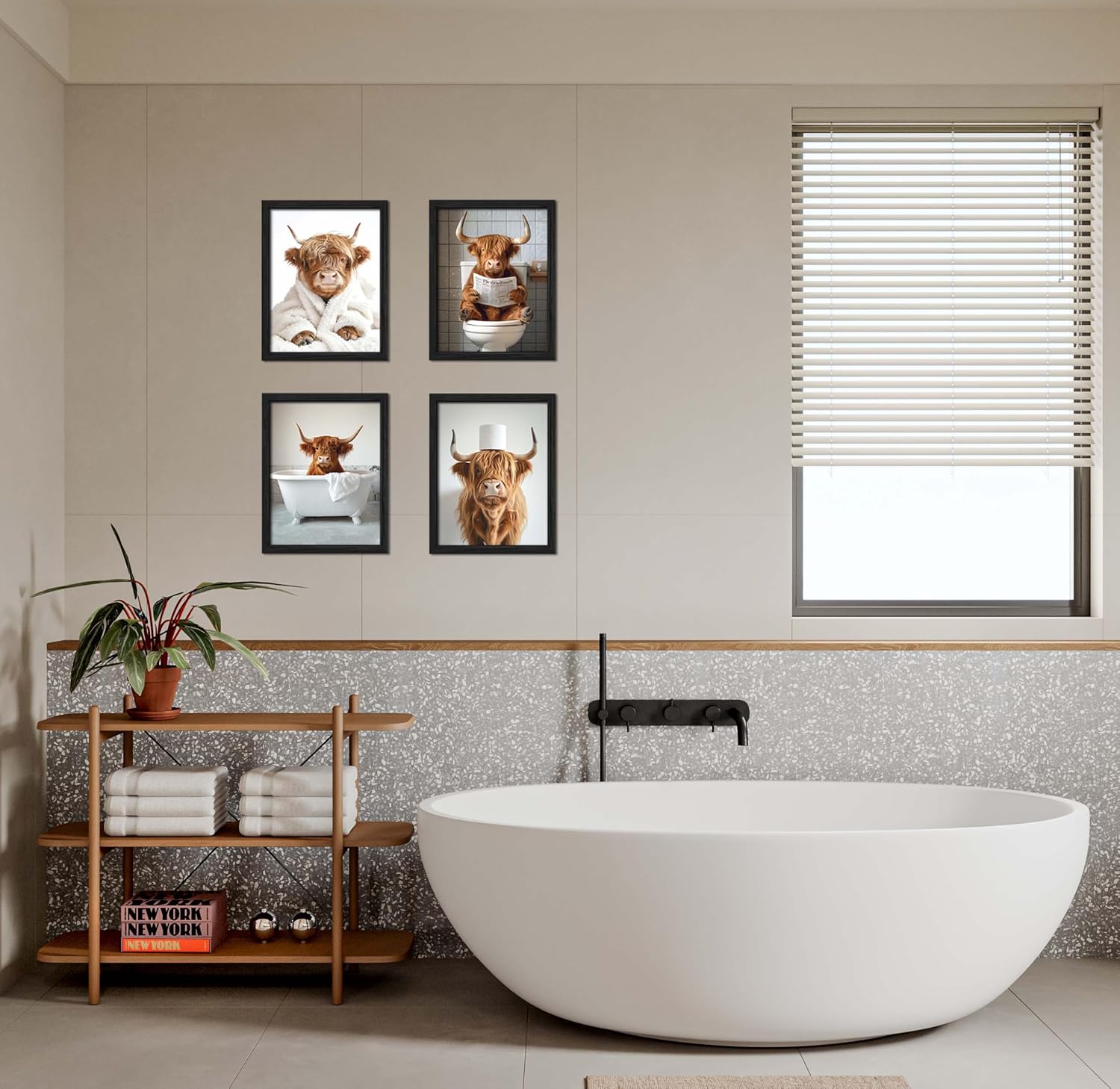 ZXDZSM Highland Cow Wall Art - Funny Bathroom Decor Canvas Prints | Unframed 8x10 Inch, Set of 4