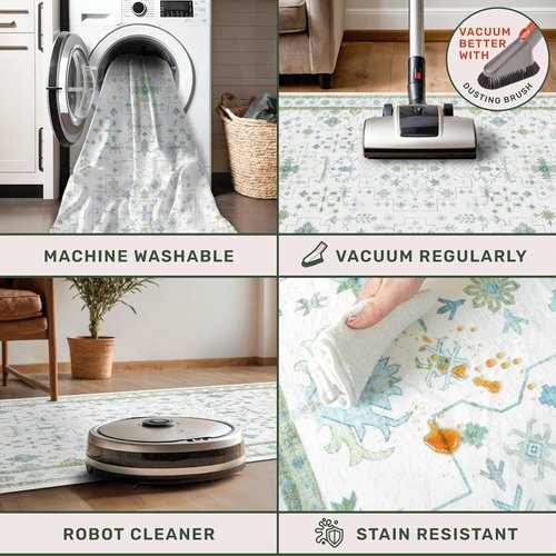 Hazo Haus Washable Rugs - Vintage Boho Floral Design in Blue & Green | 3x6 Low Pile Non-Slip Accent Rug