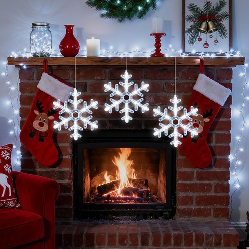 LYUBASA 3Pack Christmas Window Lights Decorations with Timer,Battery Powered White Lighted Snowflake Shaped LED String Sucker for Xmas 2026 Hanging Fireplace Window Indoor Decor