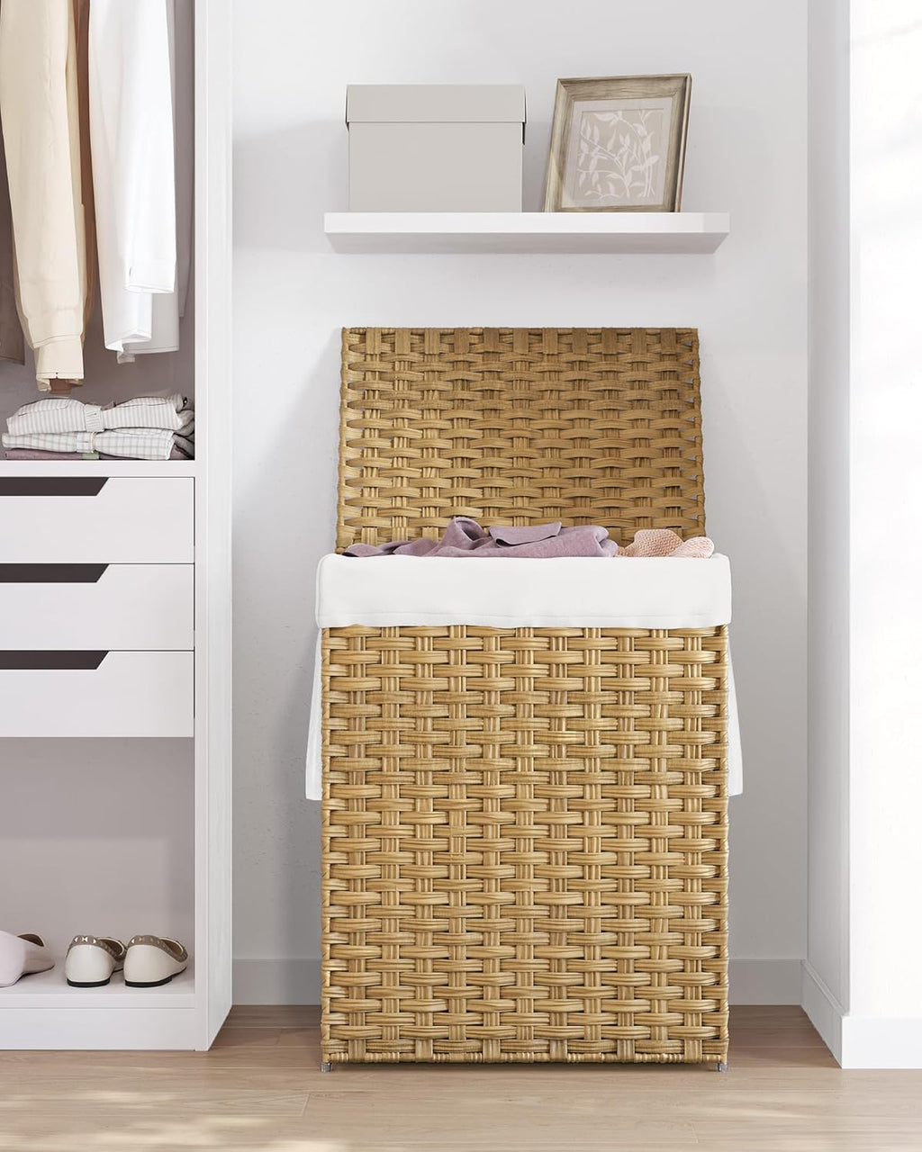 SONGMICS Laundry Hamper - 23.8 Gallon Synthetic Rattan Basket with Lid & Handles | Foldable, Goose Yellow