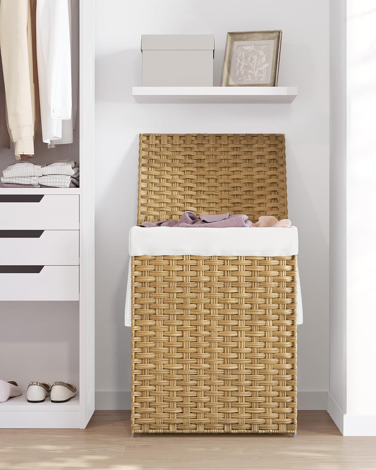 SONGMICS Laundry Hamper - 23.8 Gallon Synthetic Rattan Basket with Lid & Handles | Foldable, Goose Yellow