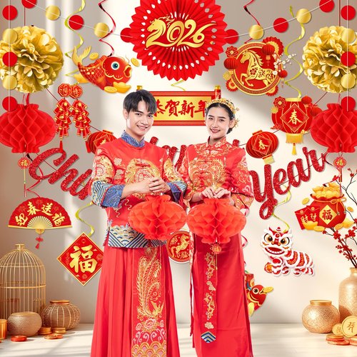 Chinese New Year Decorations 2026, Lunar New Year Decorations includes Happy Chinese New Years Banner Hanging Swirls and Red Lanterns, Year of the Horse Party Supplies for Home Office
