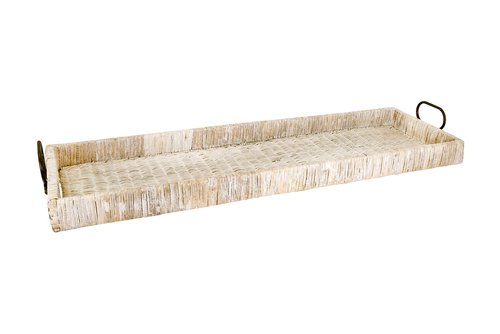 Creative Co-Op Oversize Decorative Rattan Tray with Metal Handles, Tan, Whitewashed