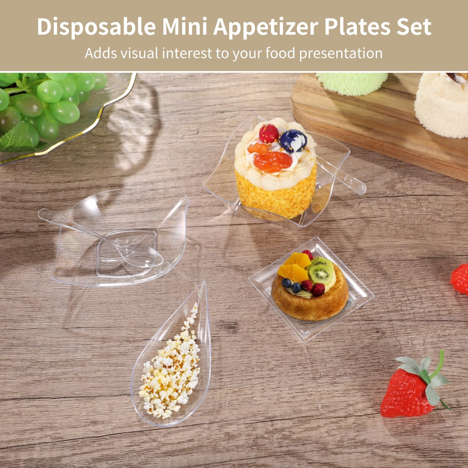 800 PCS Mini Appetizer Plates, Includes 400 Assorted Mini Dessert Plates in 4 Shapes, 200 Spoons, 200 Forks, Elegant Tasting Dishes for Party, Buffet, Wedding