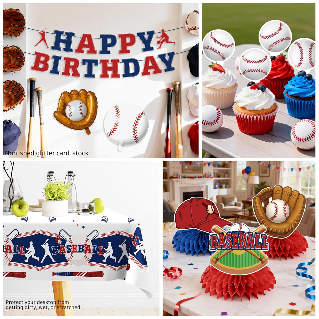Xynic 202Pcs Baseball Birthday Decorations Tableware Set Serve 25 Guests, Baseball Party Decorations Include Banner, Plates, Tablecloth, Cake Topper, Cups, Cupcake Topper for Baseball Birthday Party