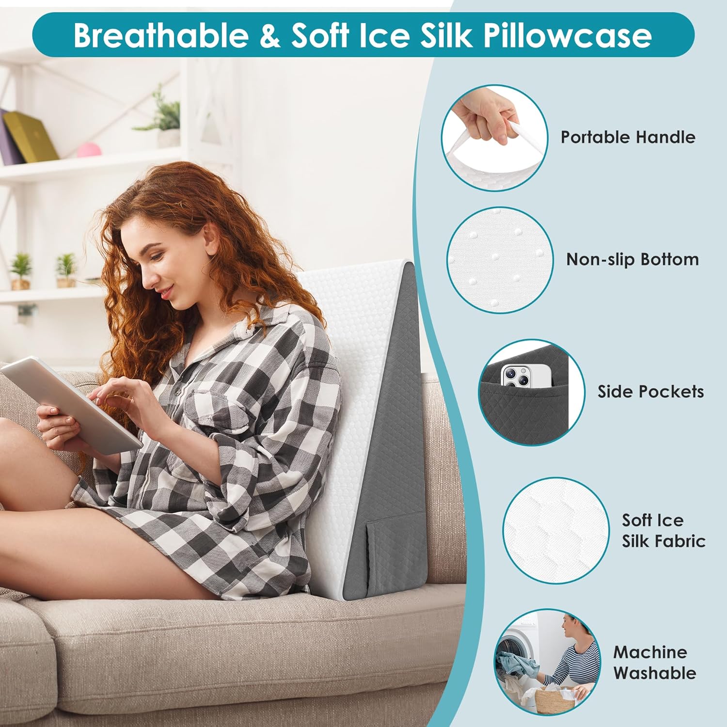 Skiennix Wedge Pillow - 8 Inch Cooling Memory Foam Bed Wedge for Back Support & Leg Elevation